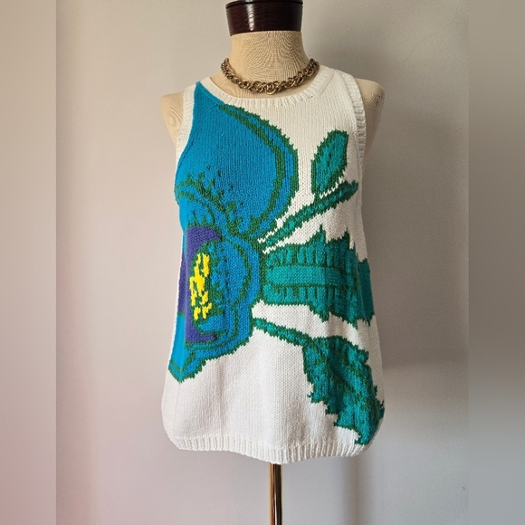 Adrienne Vittadini Floral Knit Tank Top - White and Teal. Size Medium - Picture 1 of 8